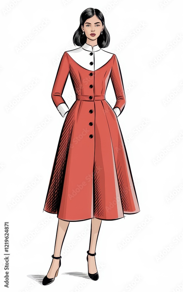 Elegant Woman in a Coral Dress: Fashion Illustration Elegant Woman in a Coral Dress: Fashion Illustration