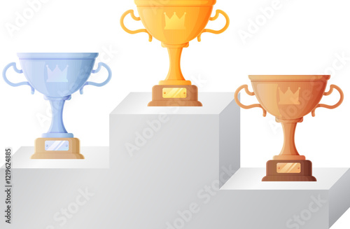Pedestal with gold, silver, and bronze trophies symbolizing victory positions.