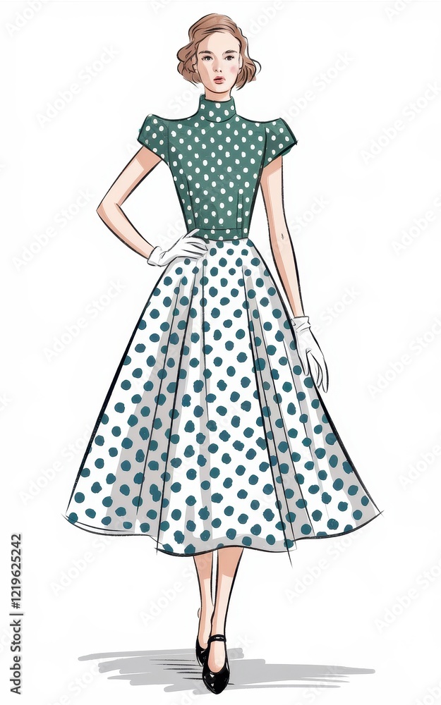 Elegant 1950s Fashion Illustration: A Woman in a Chic Polka Dot Dress Elegant 1950s Fashion Illustration: A Woman in a Chic Polka Dot Dress