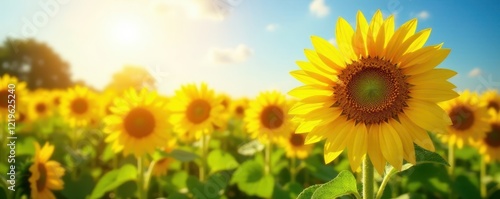 Sun-drenched sunflowers in a vibrant summer field , blossom, background