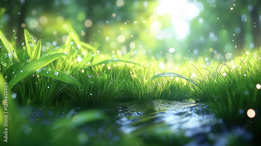 Dewy grass, stream, sunlit forest, background blur, nature Dewy grass, stream, sunlit forest, background blur, nature