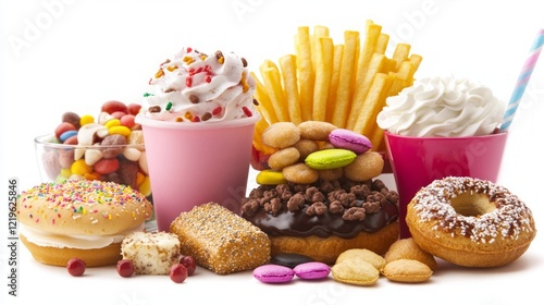 Sugary treats and fried foods on white