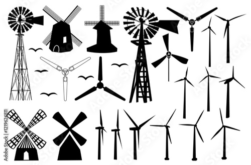 Energy in Motion: Silhouette windmills stand tall against the background. Featuring a variety of windmill types, from traditional Dutch windmills to modern wind turbines.
