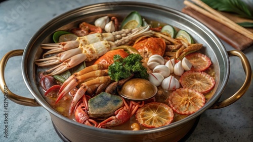 Indulging in a flavorful seafood hot pot with crab and clams coastal kitchen culinary delight rustic setting close-up view savory feast experience photo