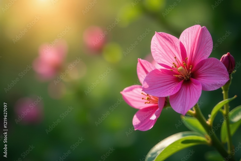 Fototapeta premium Vibrant pink spring flowers, lush green backdrop, wallpaper, vibrant