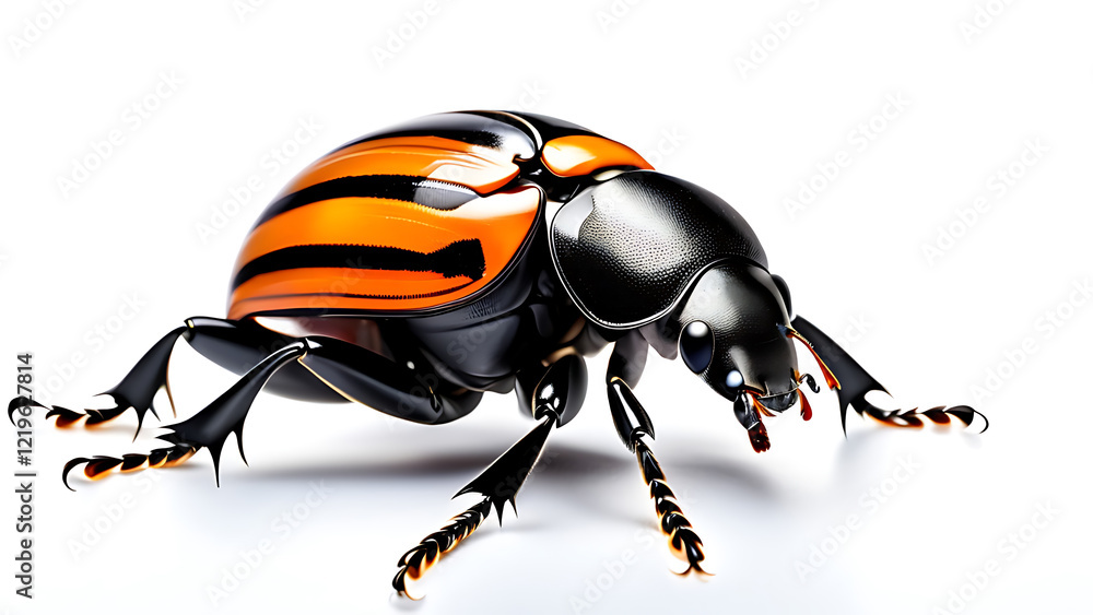 Naklejka premium Close-up of a Bombardier Beetle showcasing its vibrant black and orange exoskeleton, intricate patterns, and distinctive defensive spray mechanism against a seamless white background.