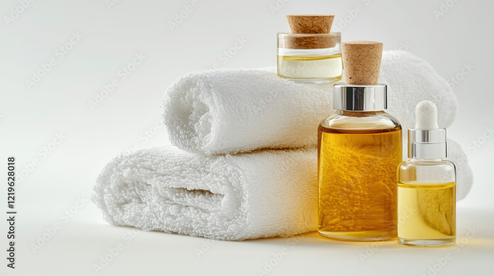 Arrangement of Natural Oils, Face Creams, and Serums with Fresh Towels on a White Background, Providing Space for a Personalized Message Arrangement of Natural Oils, Face Creams, and Serums with Fresh Towels on a White Background, Providing Space for a Personalized Message