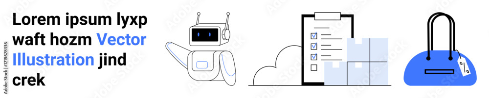 Robot waving, alongside a checklist, blue handbag. Ideal for technology, organization, fashion, modern style, minimalism vector graphics ecommerce. Landing page Robot waving, alongside a checklist, blue handbag. Ideal for technology, organization, fashion, modern style, minimalism vector graphics ecommerce. Landing page