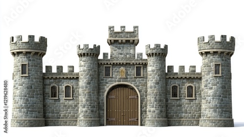 A majestic castle with a wooden door and windows, ideal for medieval or fantasy themed projects photo