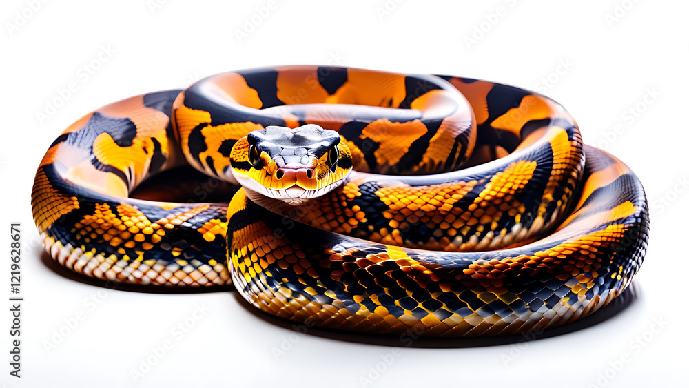 Obraz premium Elegant Boa Constrictor Coiled Gracefully, Showcasing Its Vibrant Patterns and Smooth Scales Against a Seamless White Background