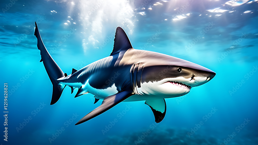 Fototapeta premium Graceful Blacknose Shark Gliding Through Crystal Clear Waters, Showcasing Its Sleek Body, Distinctive Black Snout, and Streamlined Fins Against a Seamless White Background