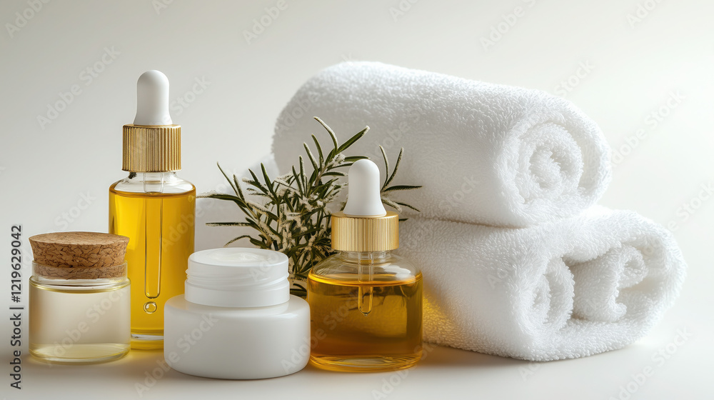 Arrangement of Natural Oils, Face Creams, and Serums with Fresh Towels on a White Background, Providing Space for a Personalized Message Arrangement of Natural Oils, Face Creams, and Serums with Fresh Towels on a White Background, Providing Space for a Personalized Message