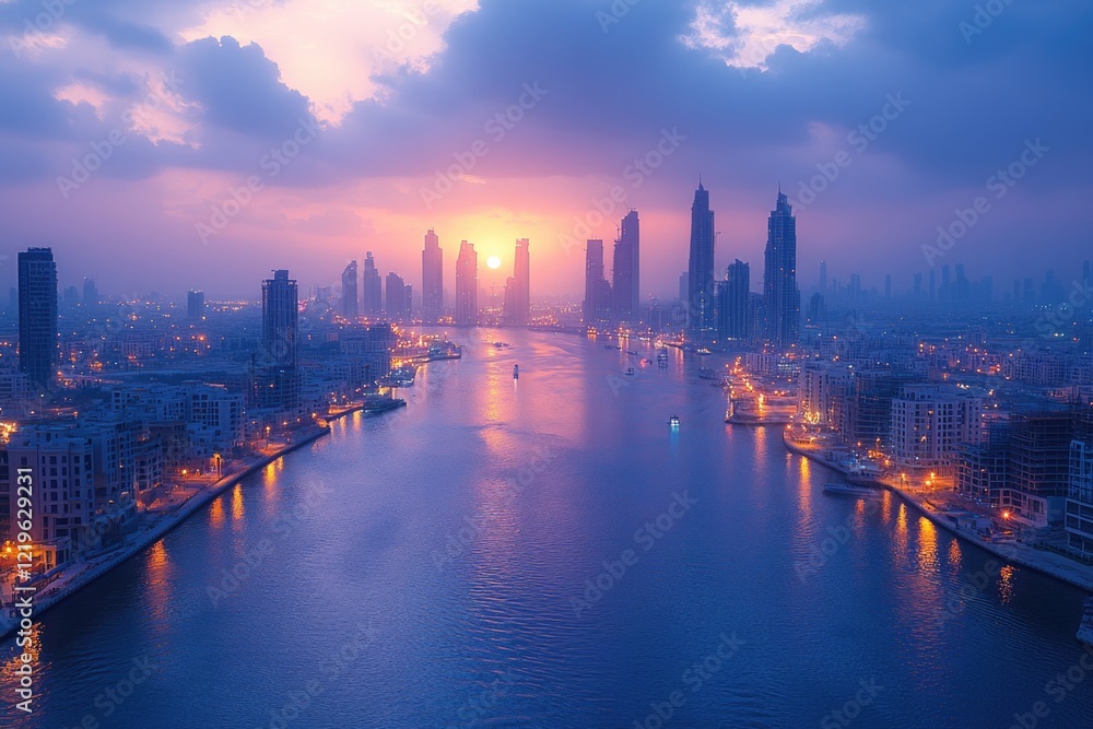 Obraz premium A serene river flowing through a bustling city, surrounded by modern architecture