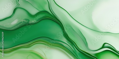 A green and white abstract painting with a green line that is curving. The painting has a sense of movement and flow photo