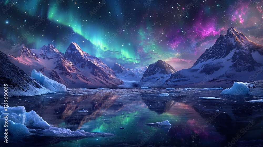Naklejka premium Greenland under a starry night sky, illuminated by vibrant green and purple auroras reflecting off icy waters and snowfields, 16:9