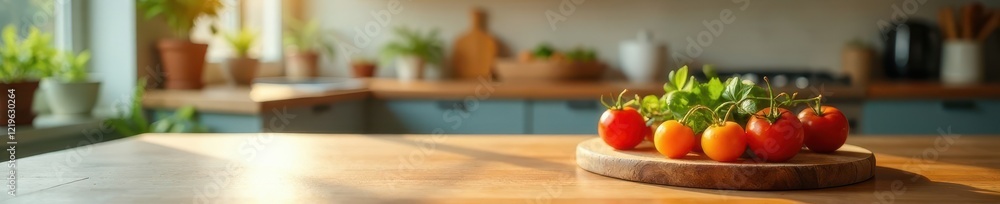 Bright tabletop, out-of-focus kitchen setting, table, gray