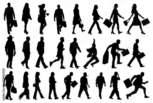 Urban Silhouette: A compilation of city dwellers in monochrome silhouette, going about their day with bags, cell phones and business attire, all on a simple backdrop.