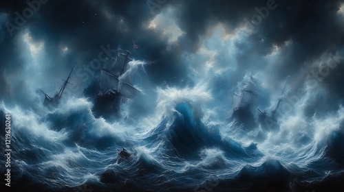 Ancient Ships Battling Furious Ocean Waves At Night
