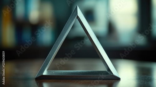 A triangular object sits on a table with a blurred background photo