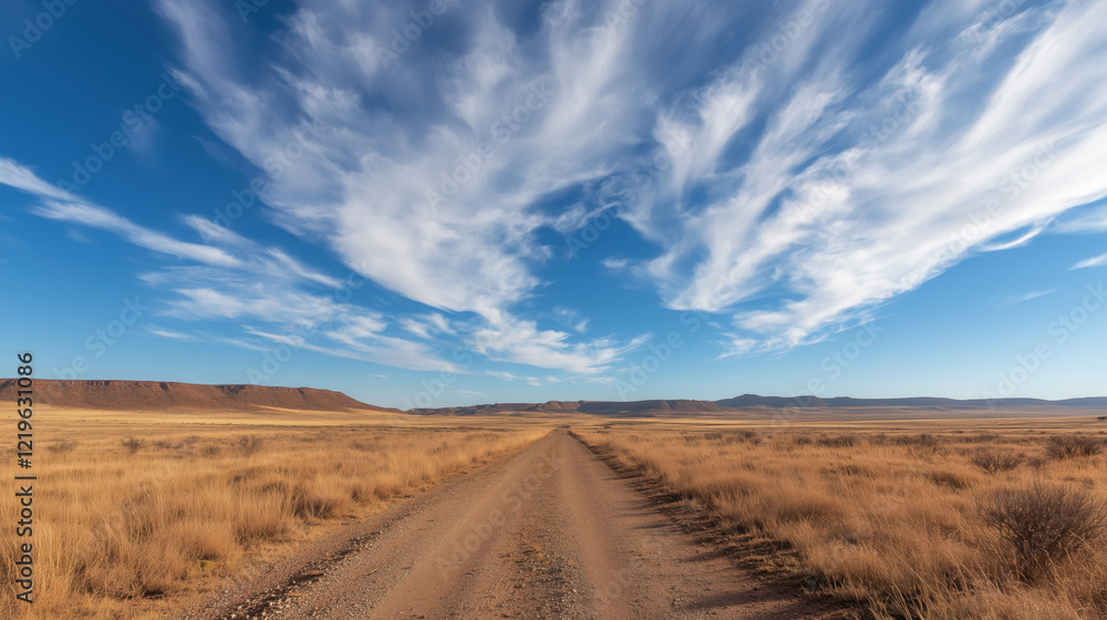 Blue Sky with Wispy White Cirrus Clouds Scattered Across, Creating a Peaceful and Open Atmosphere Blue Sky with Wispy White Cirrus Clouds Scattered Across, Creating a Peaceful and Open Atmosphere