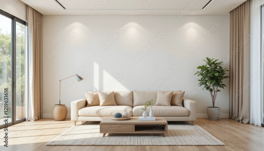 Fototapeta premium Modern living room with vacant white wall and beige couch