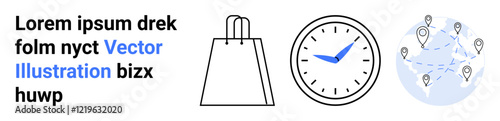 Shopping bag icon, clock showing 200, and a world map with location pins and connection lines. Ideal for e-commerce, global shipping, time management, logistics, online shopping, international