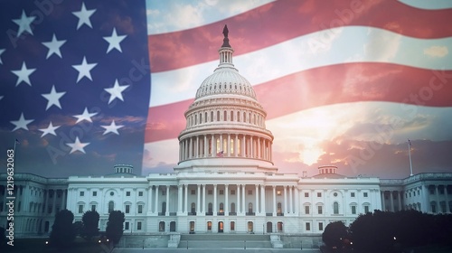 The United States Capitol building with an American flag backdrop, symbolizing government, democracy, politics, and national heritage, Generative AI