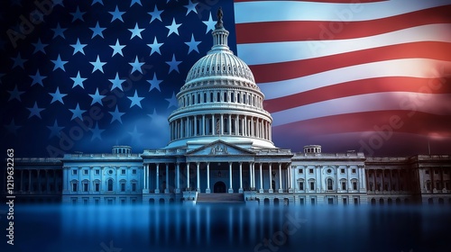 The United States Capitol building with an American flag backdrop, symbolizing government, democracy, politics, and national heritage, Generative AI