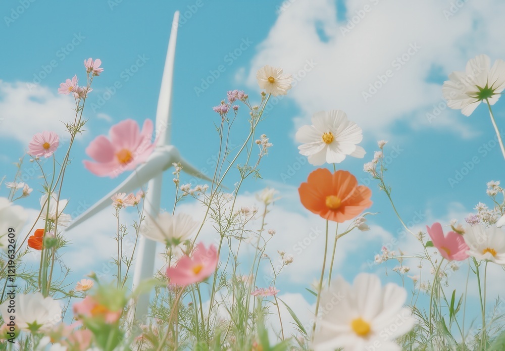 Wildflowers in bloom under clear sky with wind turbine eco-friendly energy and nature harmony in a colorful meadow on a sunny day Wildflowers in bloom under clear sky with wind turbine eco-friendly energy and nature harmony in a colorful meadow on a sunny day