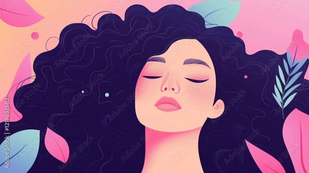 Serene woman with flowing hair amidst colorful leaves and pink background illustrates tranquility and beauty in contemporary digital art style Serene woman with flowing hair amidst colorful leaves and pink background illustrates tranquility and beauty in contemporary digital art style