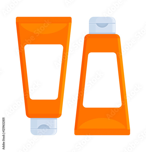 Set of orange cosmetic tubes. Cream, lotion, shampoo, gel package. Hygiene, skincare, personal care product concept. Flat vector illustration isolated on white background, mockup with copy space	
