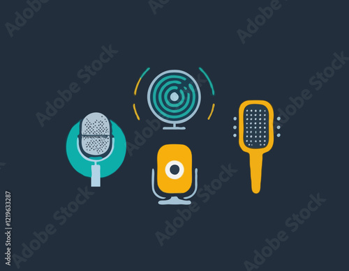 Podcast web icon set. Set of 5 outline icons related to microphone, radio, webcast, audio, video, news. Linear i  con collection. Podcast outline icons collection. Editable stroke. Vector illustration