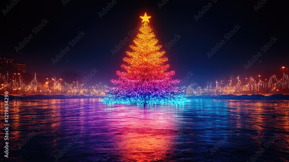 Fototapeta premium A brightly lit, colorful Christmas tree with multi-colored lights,