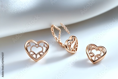 A luxury rose gold jewelry set with heart designs on a sleek white background, highlighting the piecesa?? intricate details in ultra HD. photo