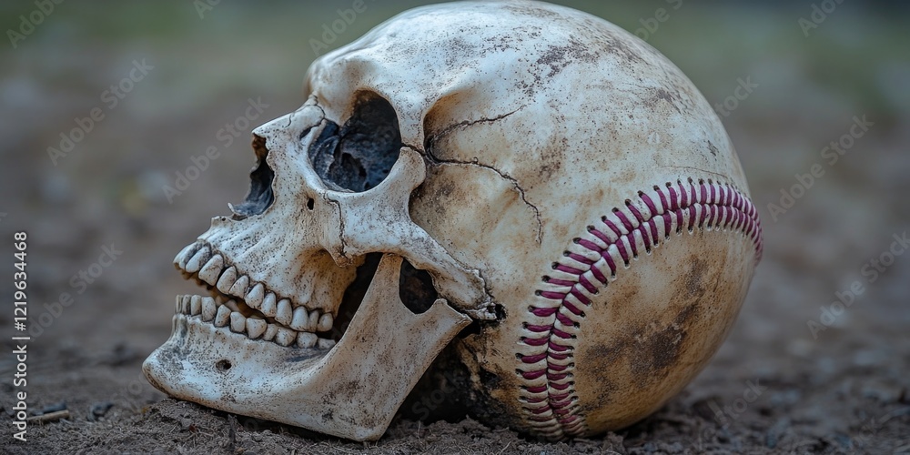 A human skull with a baseball lying next to it, often used in scenes about death, violence or mysterious events A human skull with a baseball lying next to it, often used in scenes about death, violence or mysterious events