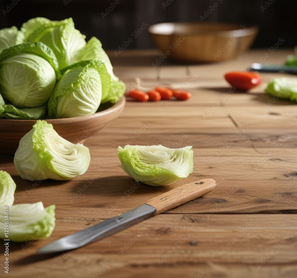 Halved pointed cabbage on a wooden table with kitchen utensils, utensil, chopping Halved pointed cabbage on a wooden table with kitchen utensils, utensil, chopping