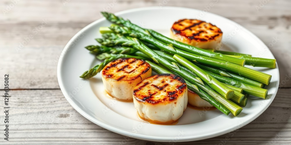 Grilled scallops with asparagus on a plate, seafood plate, elegant dinner Grilled scallops with asparagus on a plate, seafood plate, elegant dinner