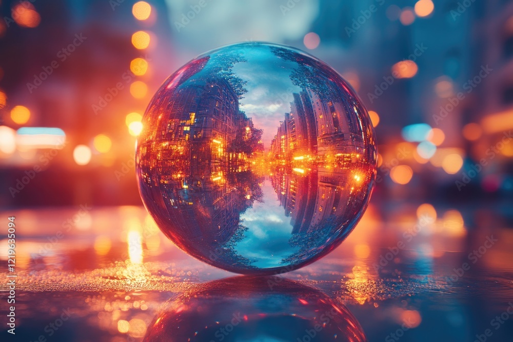 A clear glass ball sits atop a table, perfect for decoration or display A clear glass ball sits atop a table, perfect for decoration or display