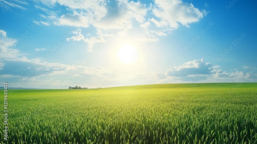 Sunny spring wheat field landscape, vibrant green, idyllic rural scene, perfect for travel brochures Sunny spring wheat field landscape, vibrant green, idyllic rural scene, perfect for travel brochures