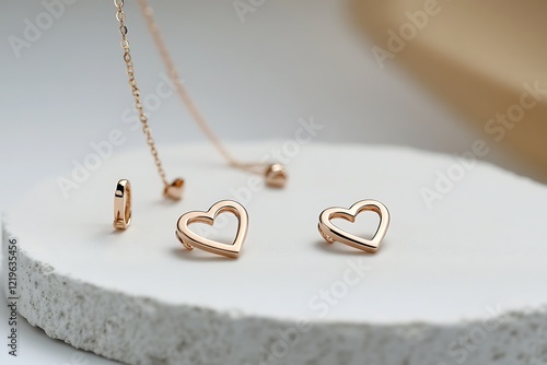A minimalist rose gold heart jewelry set elegantly displayed on a white stone slab, emphasizing natural beauty and simplicity in ultra HD.