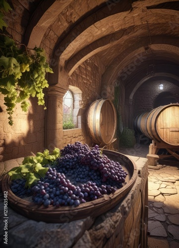 Grape harvesting in an old stone winery on the Lucan hills, rustic winery, lucan hills, vineyard at sunset photo