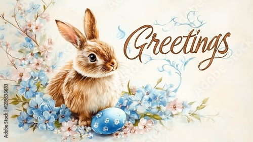 This nostalgic Easter greeting showcases a hand-painted rabbit surrounded by delicate blue flowers and an Easter egg. The vintage typography adds charm to the scene