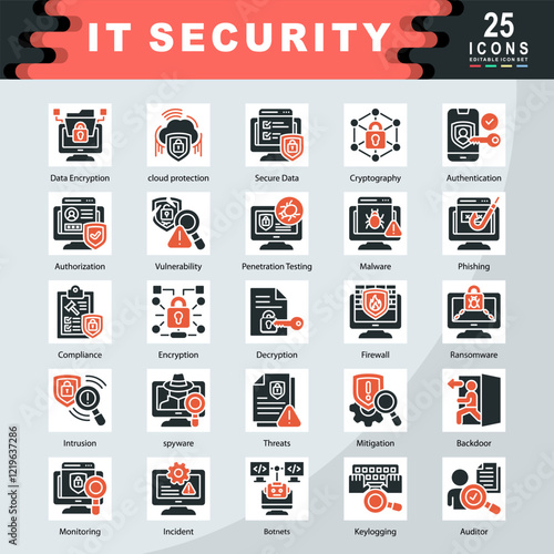 IT Security icon set containing Data Encryption, cloud protection, Secure Data, Cryptography, Authentication, Authorization, Vulnerability, Malware, Phishing, Firewall icon. Simple color fill vector