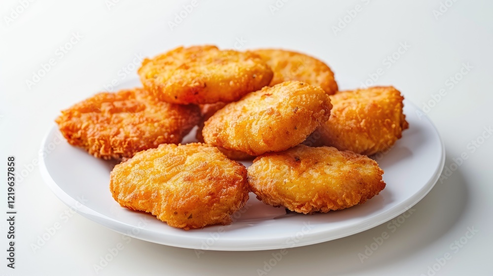 Fast food, golden chicken nuggets on a plate, on white background Fast food, golden chicken nuggets on a plate, on white background