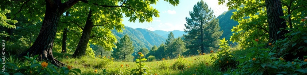 Fototapeta premium Foliage in a forest with scattered sunlight and shadows, blue sky above, branch outlines, forest landscape