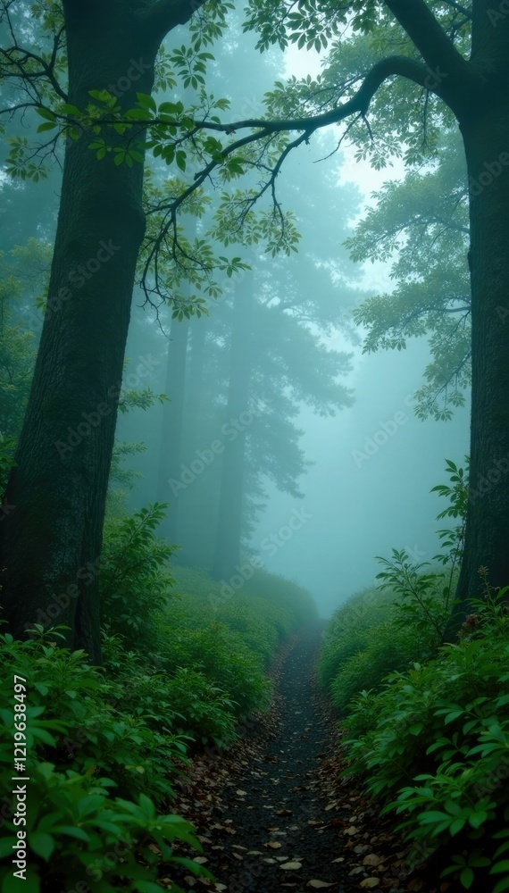 Obraz premium Dense foggy forest with misty greenery and low-hanging branches, atmosphere, foliage