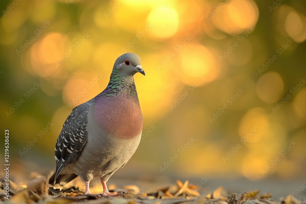 A pigeon perched on a pile of fallen leaves in autumn A pigeon perched on a pile of fallen leaves in autumn
