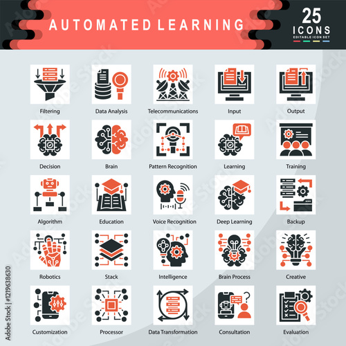 Automated Learning icon set containing Filtering, Data Analysis, Telecommunications, Input, Output, Decision, Brain, Pattern Recognition, Learning, Algorithm, Education icon. Simple color fill vector