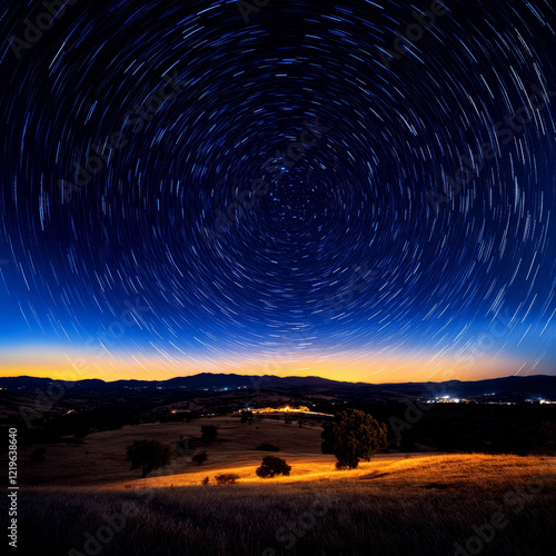 Star trails form concentric circles in the night sky over a distant landscape with hills and lights. Concept of time-lapse night photography. For backgrounds or space themes. photo