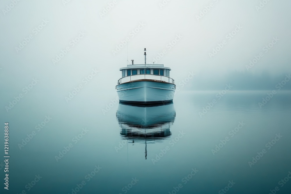 Obraz premium Calm morning at a tranquil lake with a boat gliding through misty waters